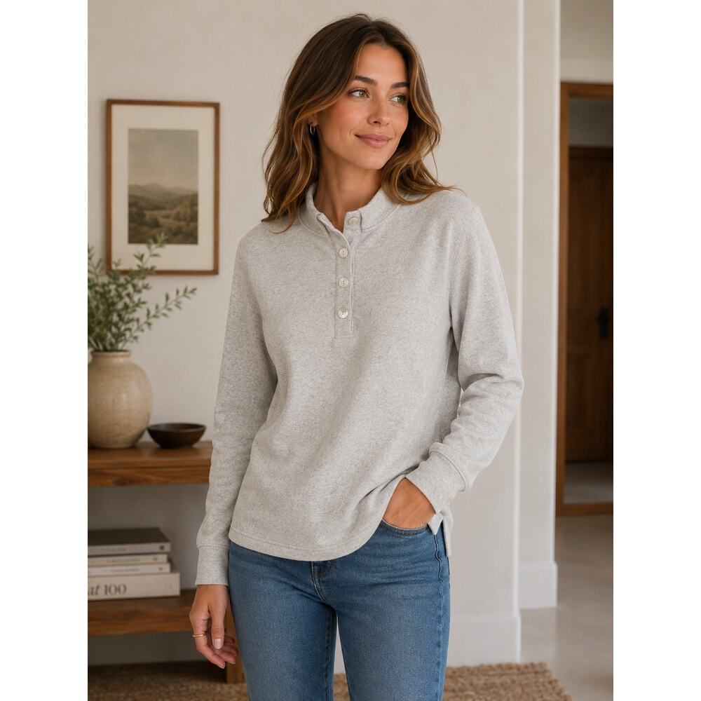 Soft Surroundings Cozy Tunic Sweater Henley Fleece Pullover Beige‎ Medium